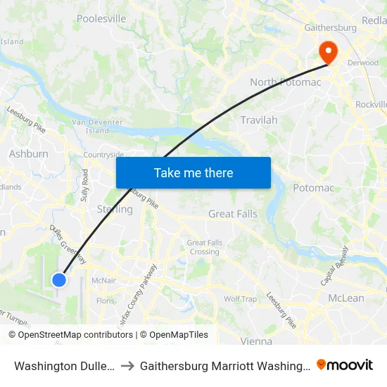 Washington Dulles Airport to Gaithersburg Marriott Washingtonian Center map