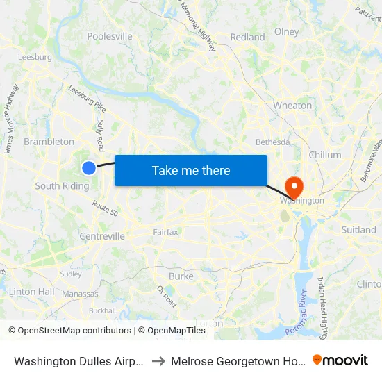 Washington Dulles Airport to Melrose Georgetown Hotel map