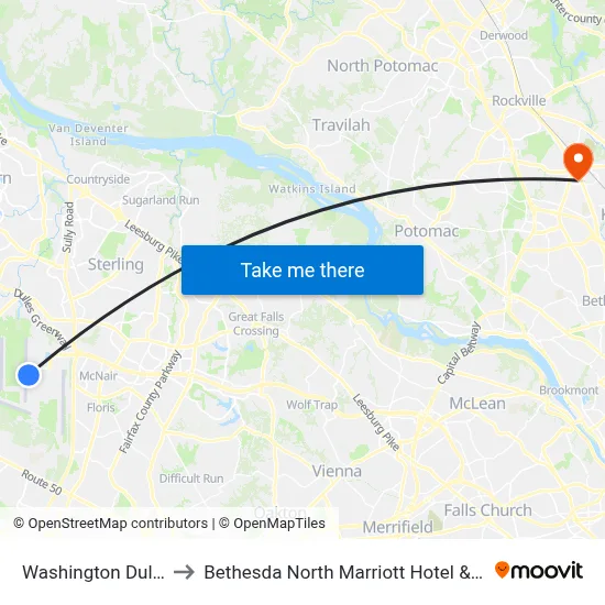 Washington Dulles Airport to Bethesda North Marriott Hotel & Conference Center map