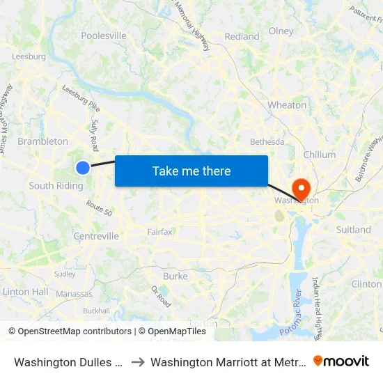 Washington Dulles Airport to Washington Marriott at Metro Center map