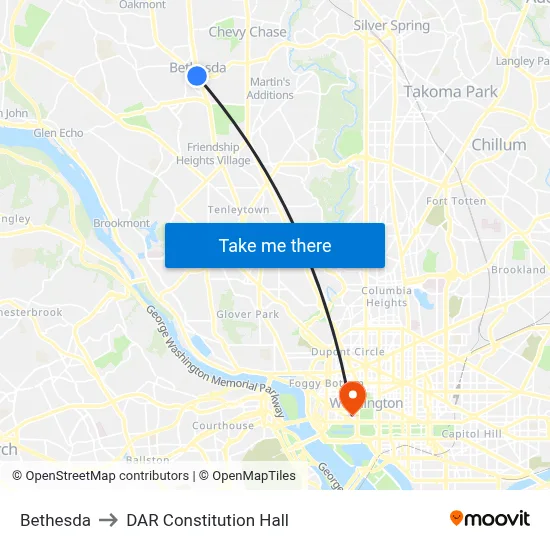 Bethesda to DAR Constitution Hall map