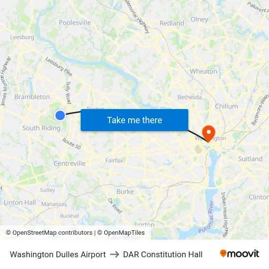 Washington Dulles Airport to DAR Constitution Hall map