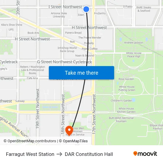 Farragut West Station to DAR Constitution Hall map
