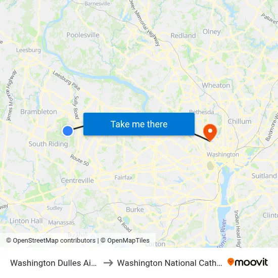 Washington Dulles Airport to Washington National Cathedral map