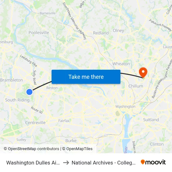 Washington Dulles Airport to National Archives - College Park map
