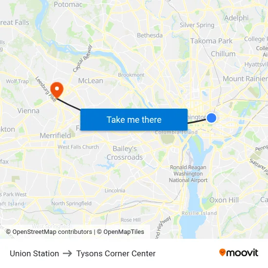 Union Station to Tysons Corner Center map