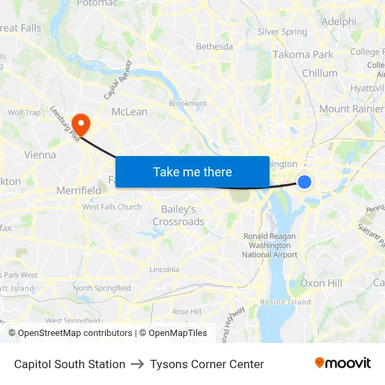 Capitol South Station to Tysons Corner Center map