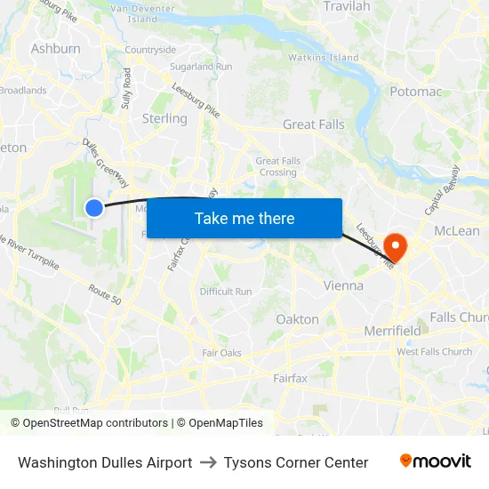 Washington Dulles Airport to Tysons Corner Center map