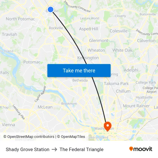 Shady Grove Station to The Federal Triangle map