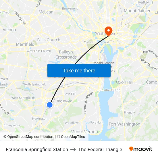 Franconia Springfield Station to The Federal Triangle map