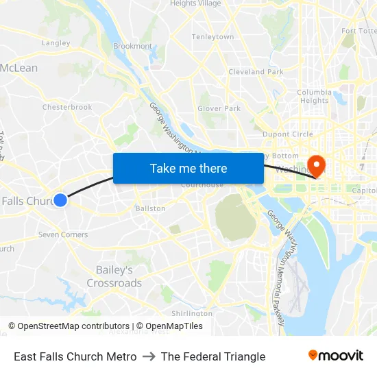 East Falls Church Metro to The Federal Triangle map