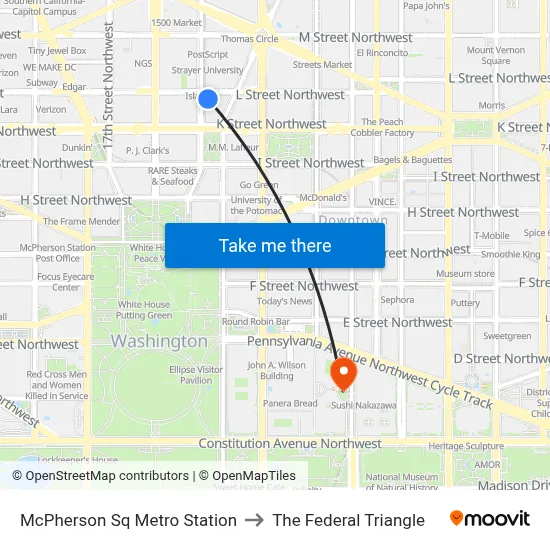 McPherson Sq Metro Station to The Federal Triangle map