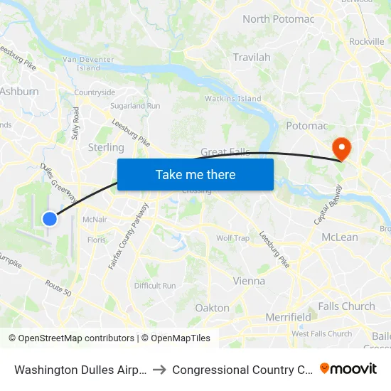 Washington Dulles Airport to Congressional Country Club map