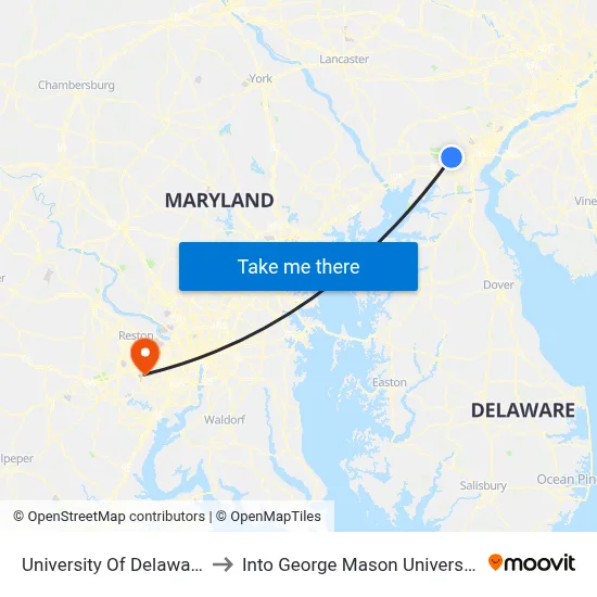 University Of Delaware to Into George Mason University map