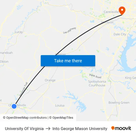 University Of Virginia to Into George Mason University map