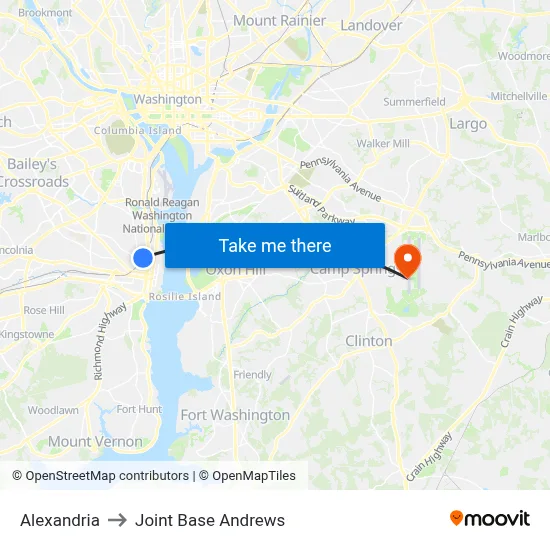 Alexandria to Joint Base Andrews map