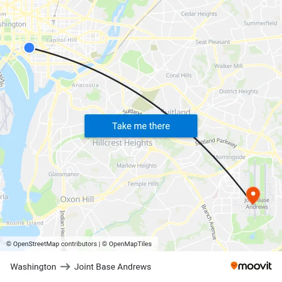Washington to Joint Base Andrews map