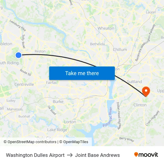 Washington Dulles Airport to Joint Base Andrews map