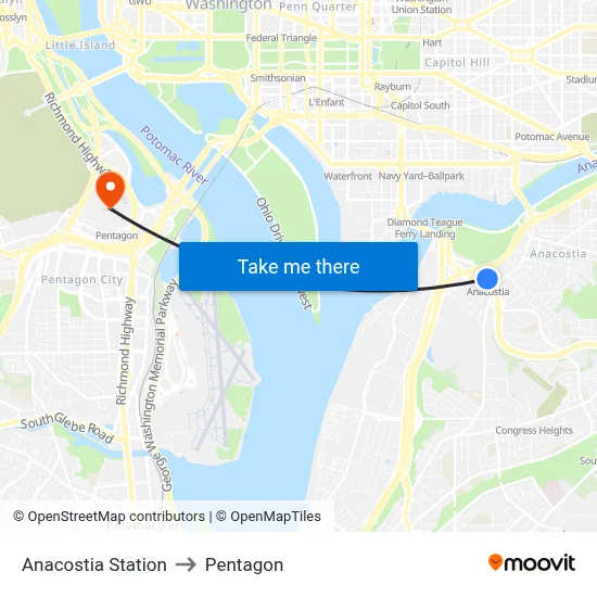 Anacostia Station to Pentagon map