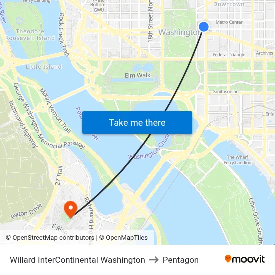 Willard InterContinental Washington to Pentagon map