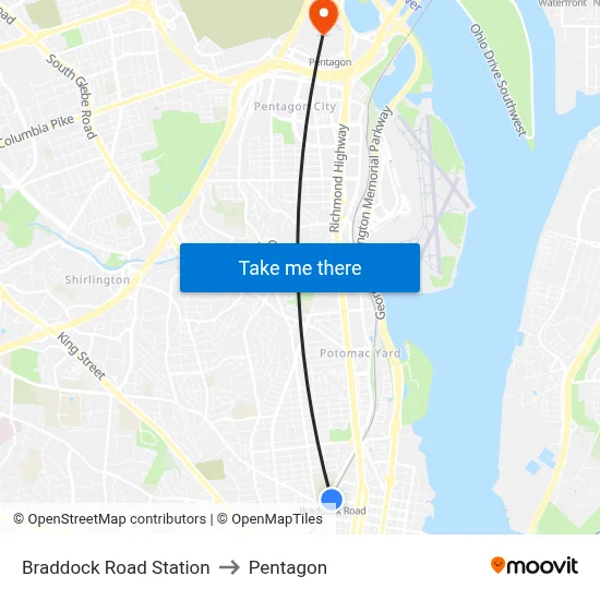 Braddock Road Station to Pentagon map