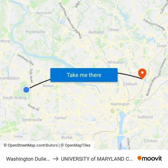 Washington Dulles Airport to UNIVERSITY of MARYLAND COLLEGE PARK map