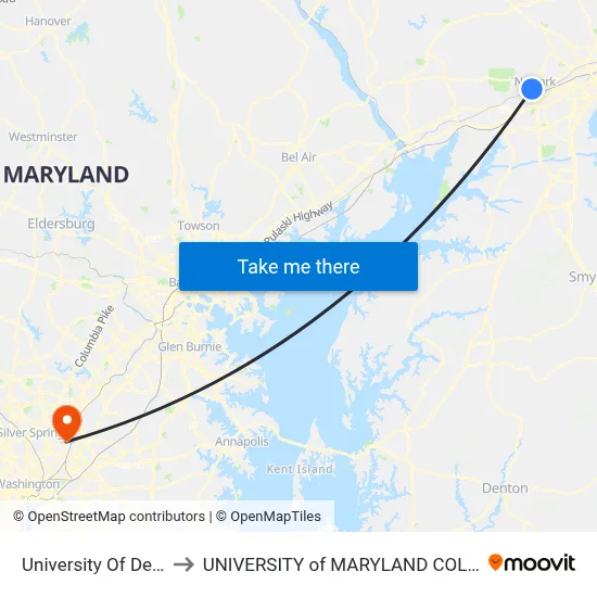 University Of Delaware to UNIVERSITY of MARYLAND COLLEGE PARK map