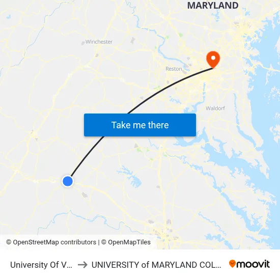 University Of Virginia to UNIVERSITY of MARYLAND COLLEGE PARK map