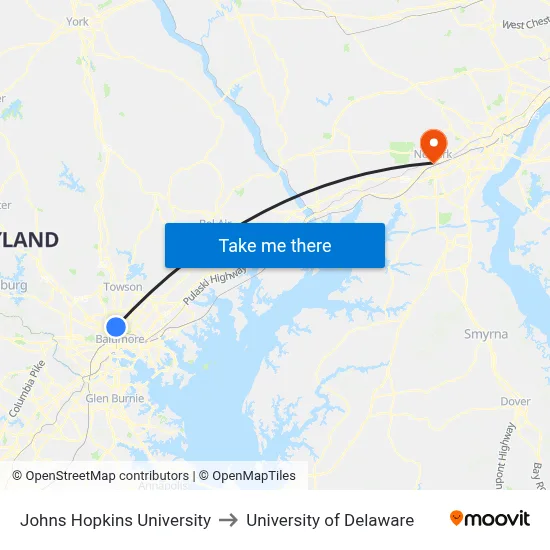 Johns Hopkins University to University of Delaware map