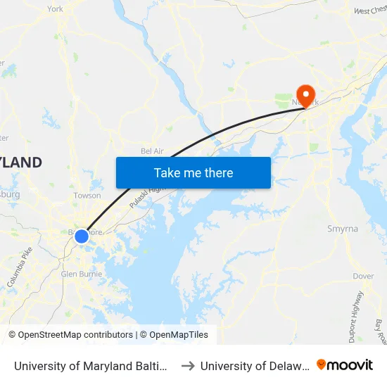 University of Maryland Baltimore to University of Delaware map