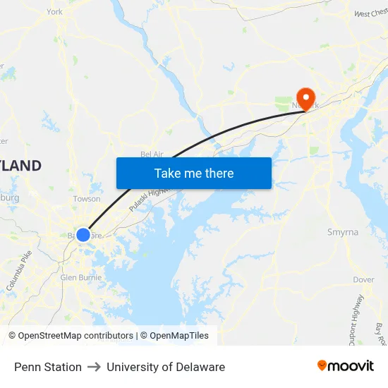 Penn Station to University of Delaware map