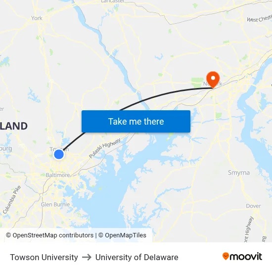 Towson University, 8000 York Rd to University of Delaware map
