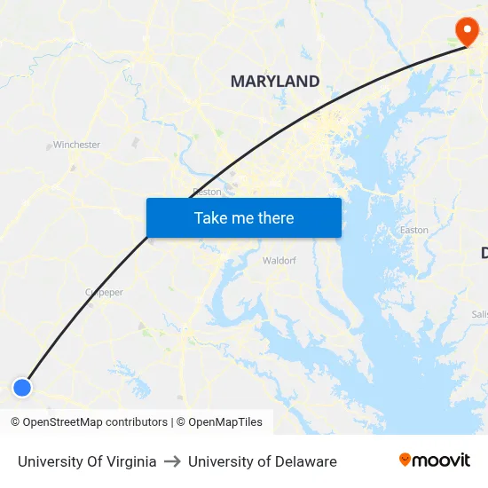 University Of Virginia to University of Delaware map