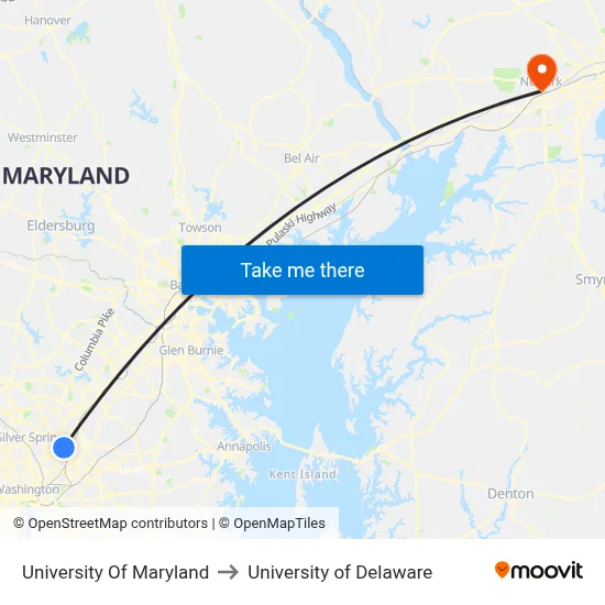 University Of Maryland to University of Delaware map