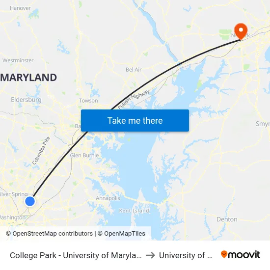 College Park - University of Maryland Metro Station to University of Delaware map