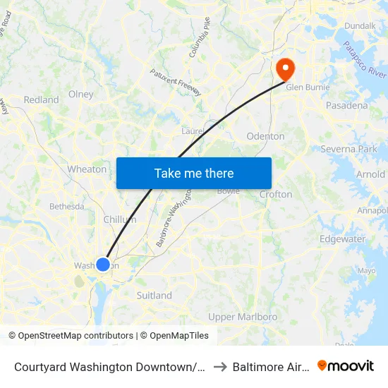 Courtyard Washington Downtown/Convention Center, 901 L St NW to Baltimore Airport BWI map