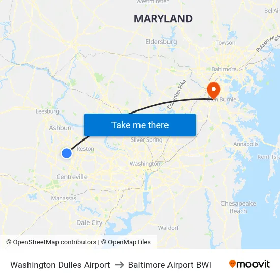 Washington Dulles Airport to Baltimore Airport BWI map