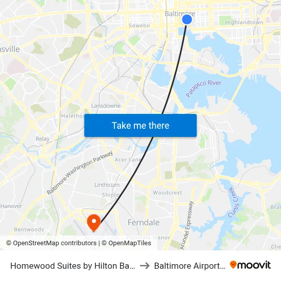 Homewood Suites by Hilton Baltimore to Baltimore Airport BWI map