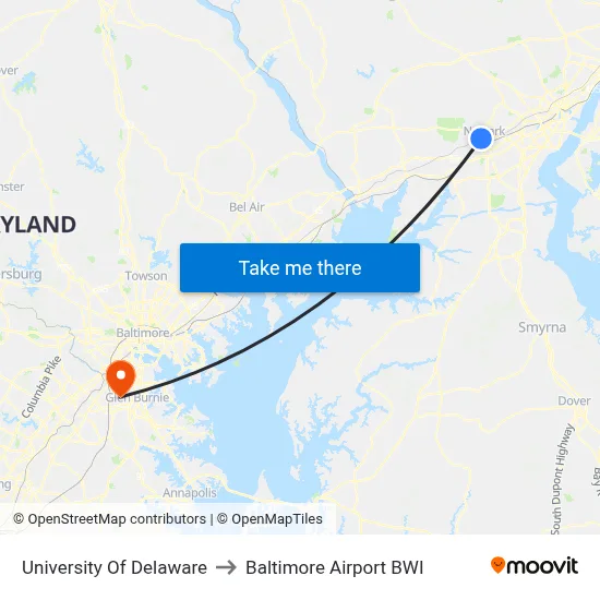 University Of Delaware to Baltimore Airport BWI map