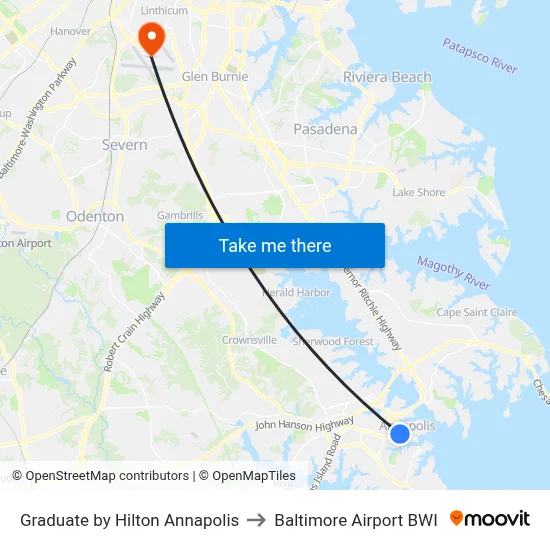 Graduate by Hilton Annapolis to Baltimore Airport BWI map