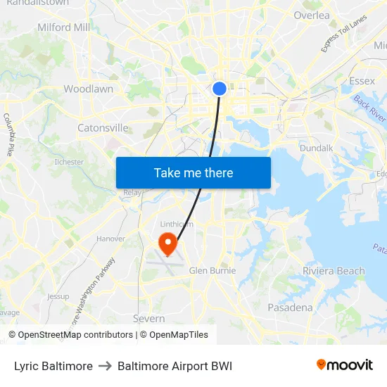 Lyric Baltimore to Baltimore Airport BWI map