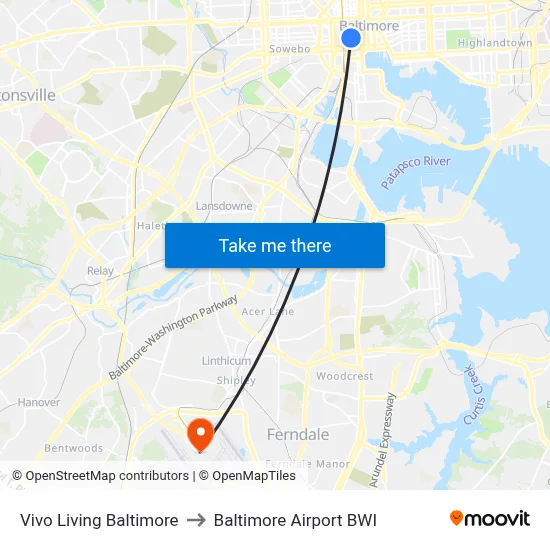 Vivo Living Baltimore to Baltimore Airport BWI map