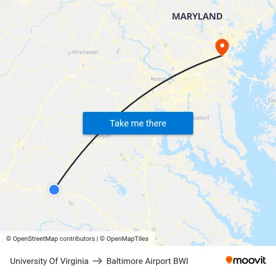 University Of Virginia to Baltimore Airport BWI map
