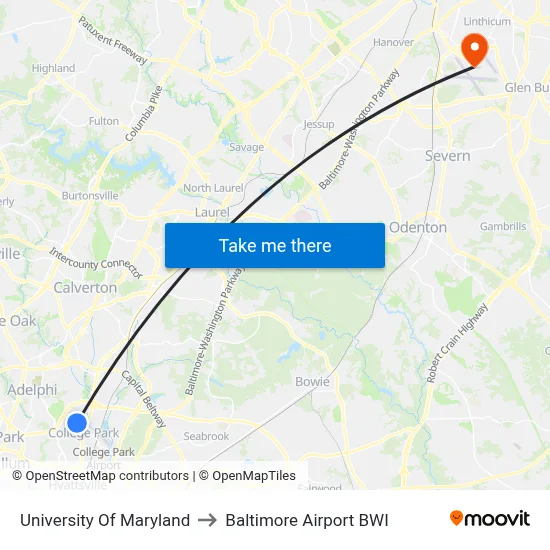 University Of Maryland to Baltimore Airport BWI map