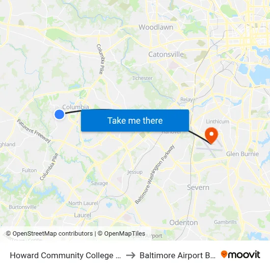 Howard Community College Esl to Baltimore Airport BWI map
