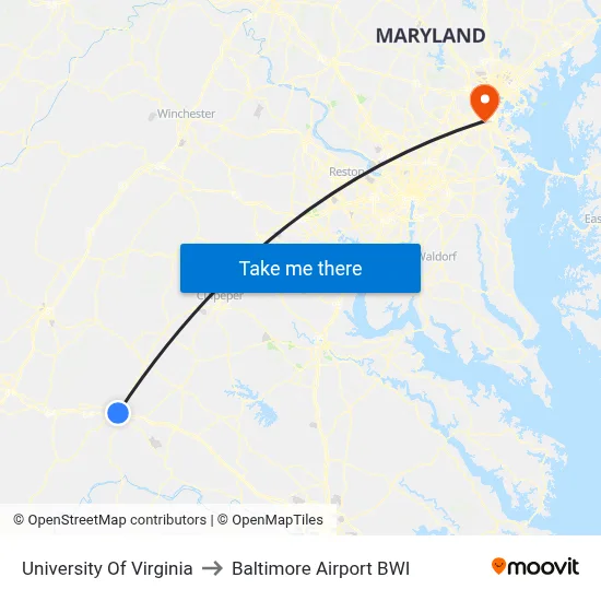 University Of Virginia to Baltimore Airport BWI map