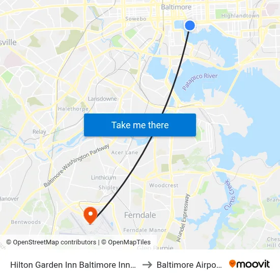 Hilton Garden Inn Baltimore Inner Harbor to Baltimore Airport BWI map
