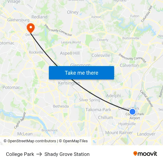 College Park to Shady Grove Station map