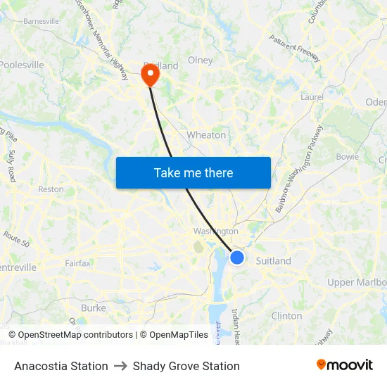 Anacostia Station to Shady Grove Station map