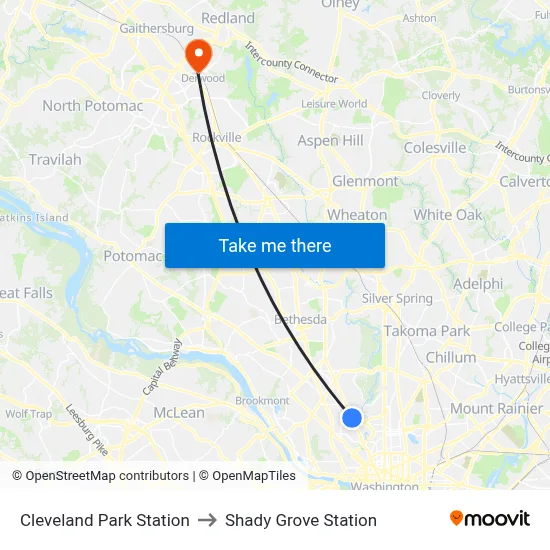 Cleveland Park Station to Shady Grove Station map